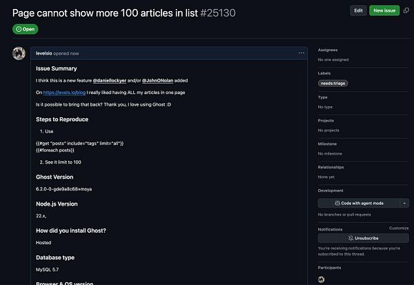 A GitHub issue report regarding a limitation on displaying articles in a blog.