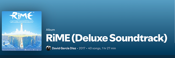 The image displays the album cover and details for the 'RiME (Deluxe Soundtrack)' by David García Díaz.