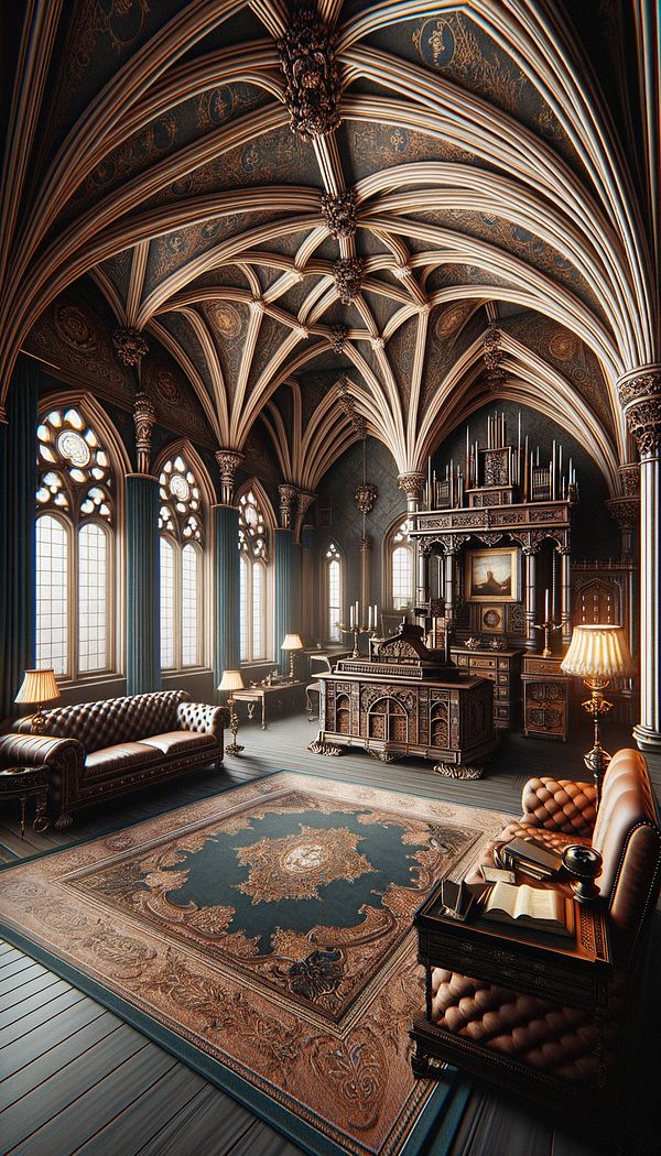 A room designed in Gothic style, featuring high ceilings, pointed arches, and ornate furniture.