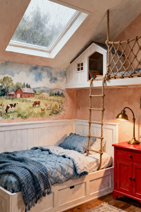 A cozy farmhouse-style kids’ room with a white paneled daybed topped with a denim-blue quilt and plaid throw sits beneath a watercolor mural of cows, fences, and a red barn. A loft playhouse above is reached by a jute-rope ladder and protected by a knotted rope net, all under a rainy skylight. A barn-red nightstand with a brass reading lamp and warm pine floors complete the rustic, child-friendly space.