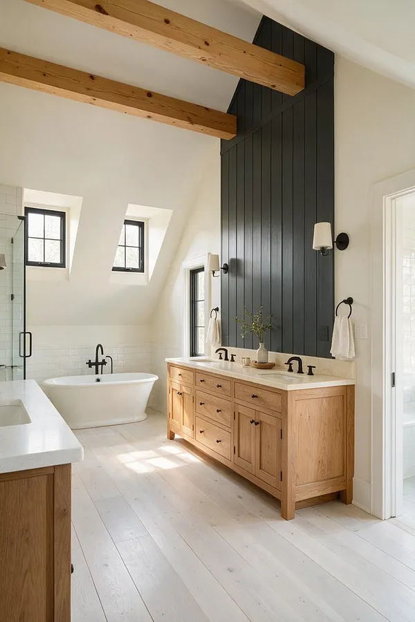 A bright master bathroom with white walls, exposed natural wood ceiling beams, and a tall dark shiplap accent wall behind a long double vanity. The room includes a freestanding white tub, black fixtures, small black-framed windows, and light wood flooring for a warm modern farmhouse look.