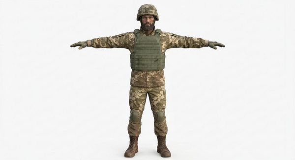 3D model of a soldier in a neutral T-pose with military gear in a game development environment.