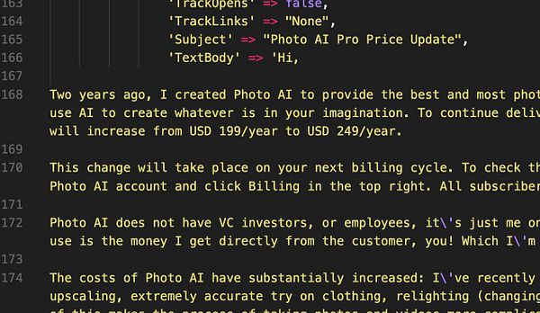 The image displays a code snippet containing a message about a price increase for a subscription service.
