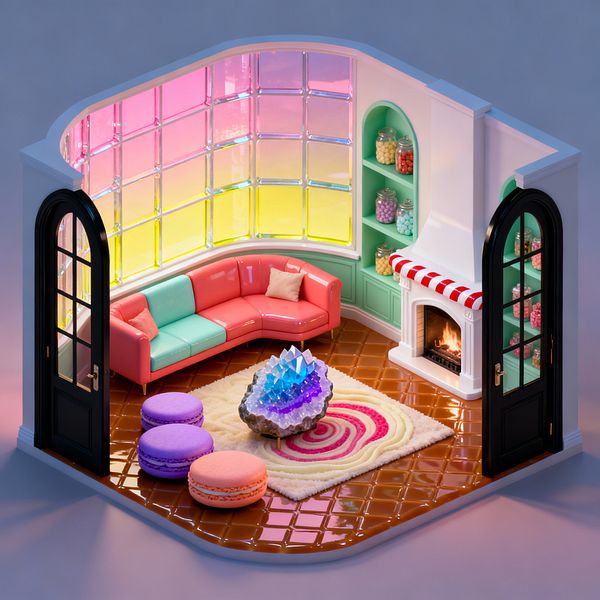 A whimsical living room features a curved wall of iridescent glass blocks glowing from pink to yellow, a coral-and-mint L-shaped sofa, and a white fireplace trimmed in red-and-white stripes beside mint built-ins filled with candy jars. On glossy chocolate-bar floor tiles, a cream shag rug with a lollipop swirl anchors macaron-shaped poufs and a geode crystal coffee table, while black French doors with brass hardware frame the playful scene in warm, colorful light.