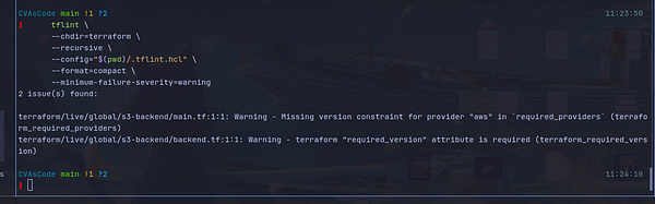Terminal screenshot showing tflint execution with two warning issues found in Terraform configuration files.