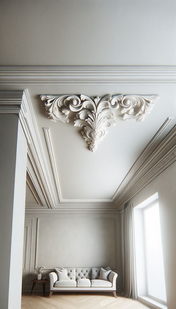 an interior room showing the top part where a decorative cornice is installed along the wall just below the ceiling, demonstrating how it adds an ornate touch to the space