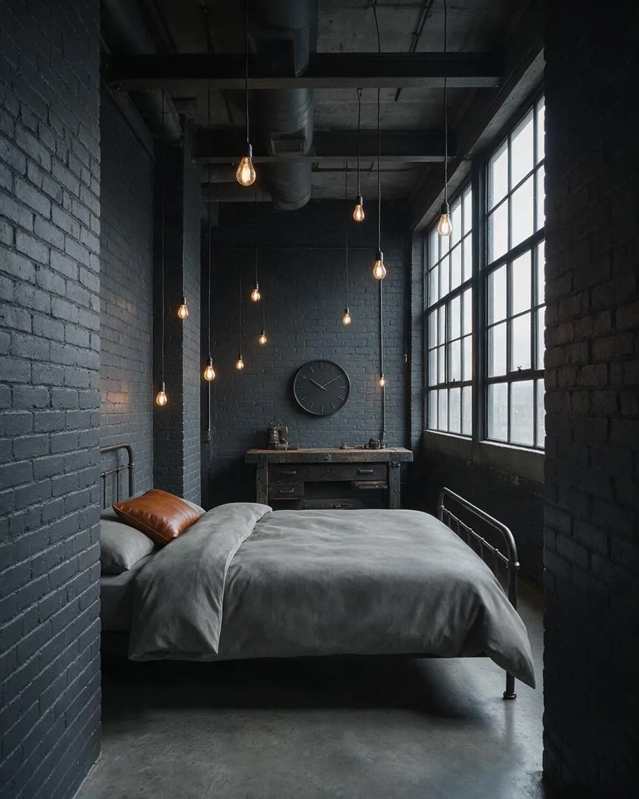 A dark industrial-style master bedroom with black painted brick walls, a metal bed frame, and gray bedding. Large factory-style windows line one side, while exposed pendant bulbs hang from the ceiling above a rustic desk and wall clock.