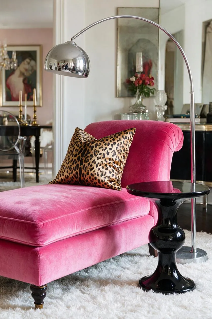 A Hollywood Regency lounge vignette featuring a hot pink velvet chaise with a leopard-print accent pillow, a chrome arc floor lamp, and a glossy black pedestal side table. The scene sits on a white shag rug with mirrored and metallic decor in the softly layered background.