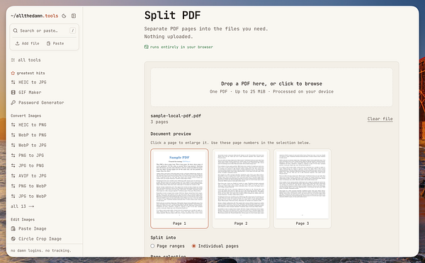 User interface of a web-based PDF splitter tool showing a loaded 3-page PDF and options to split by individual pages or page ranges.