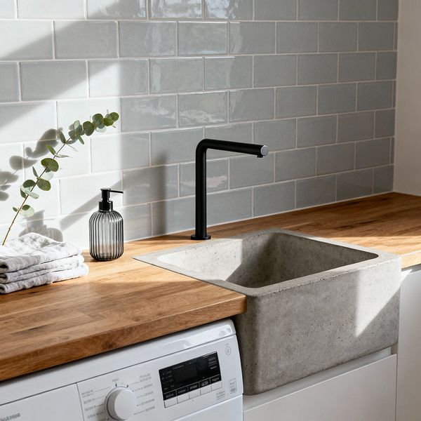 A compact Scandinavian-style laundry area features a warm oak butcher-block countertop above white cabinets and a white front-load washer. Centered is a square concrete apron-front sink paired with a slim matte-black faucet, set against glossy pale gray-blue subway tiles. Sunlight creates soft shadows over a ribbed glass soap dispenser, neatly folded gray-striped towels, and a eucalyptus sprig, emphasizing natural materials, clean lines, and practical function.