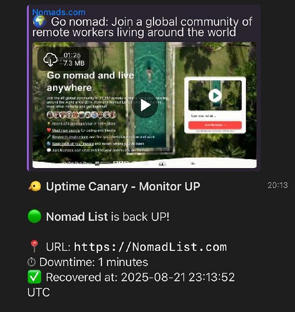 The image displays a notification about the status of the Nomad List website along with a promotional video for remote workers.