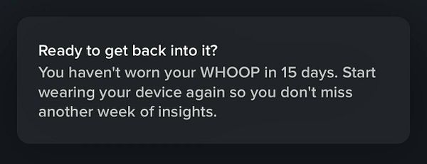 Screenshot from the WHOOP app showing the battery status of the WHOOP device at 0% charged.