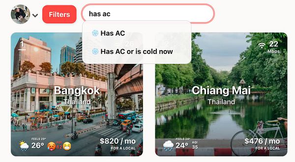 The image displays a comparison of two cities, Bangkok and Chiang Mai, with a focus on filtering options for accommodations based on air conditioning and current temperature.