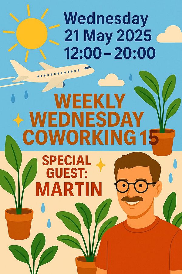 A colorful promotional poster for a coworking event featuring a special guest.