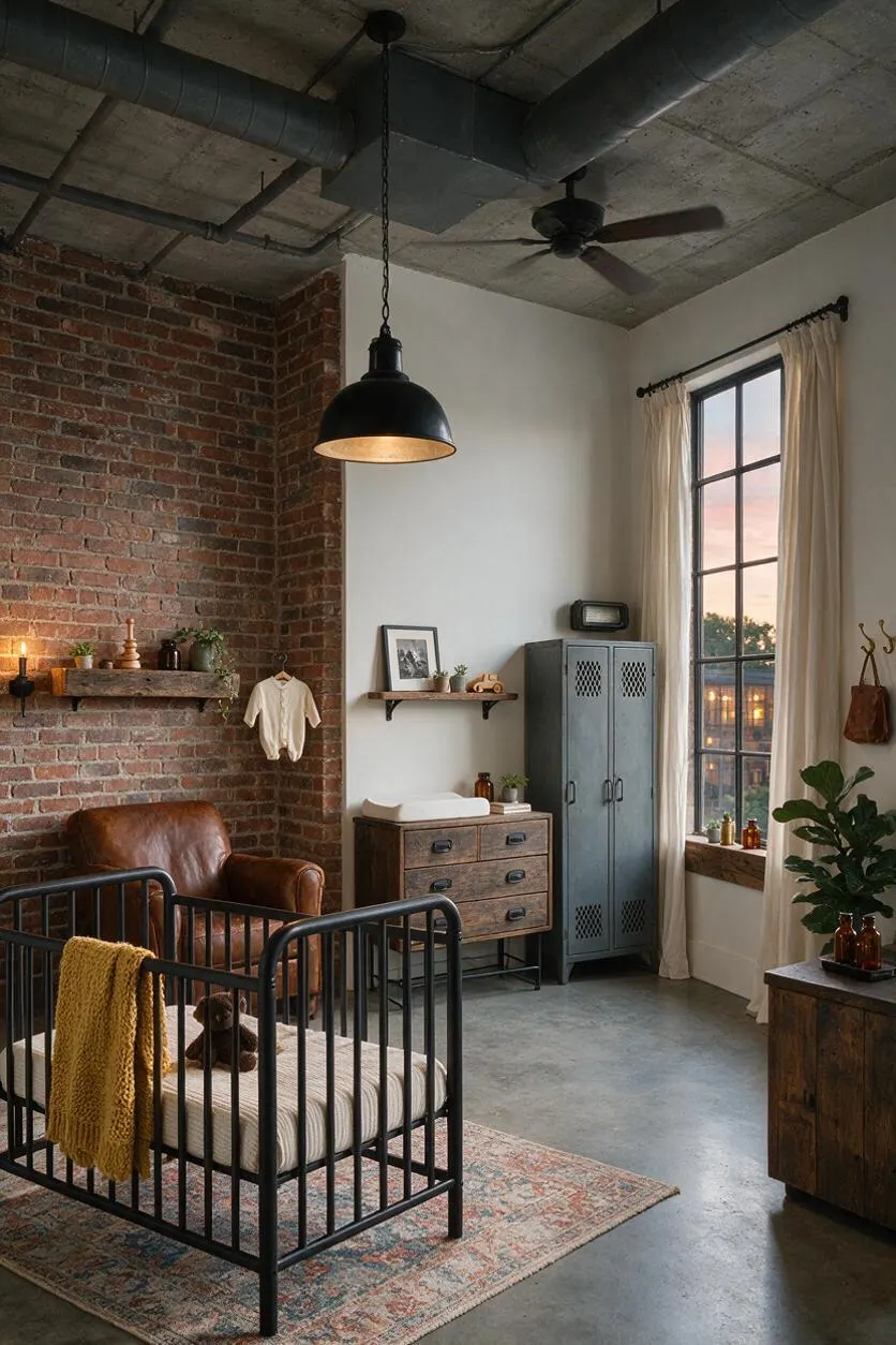 A moody industrial nursery with a black metal crib on a vintage rug, exposed brick, a leather armchair, and concrete ceilings with visible ductwork. A large window with sheer curtains brings in soft daylight beside rustic wood furniture and metal storage.