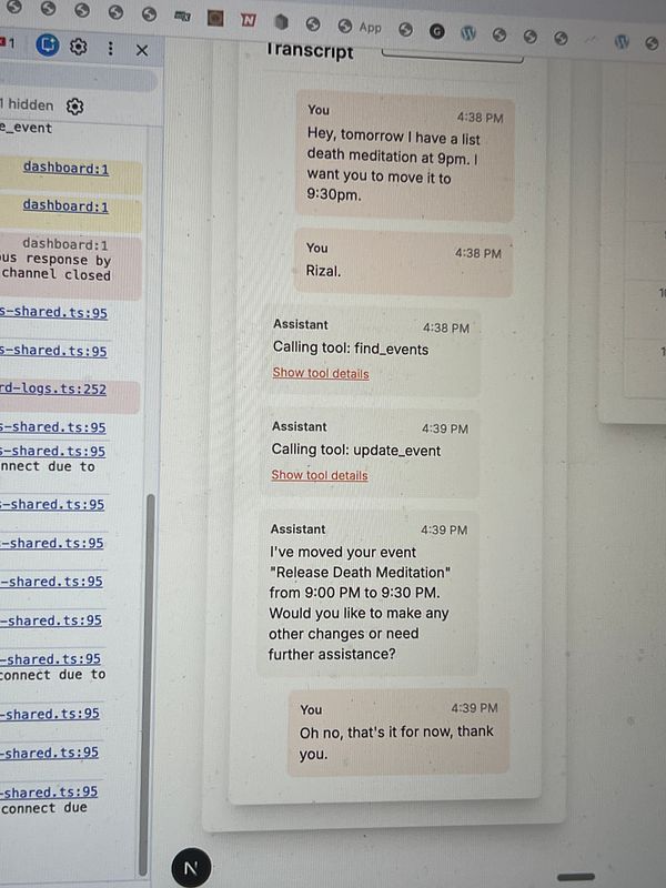A chat interface displays a conversation about rescheduling a meditation event.