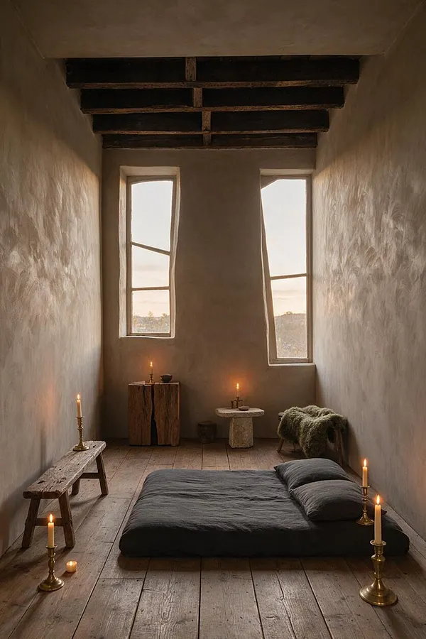 A narrow studio apartment with textured plaster walls, exposed dark ceiling beams, and two tall windows filled with soft daylight. The room contains a low charcoal floor bed with gray pillows, rustic wooden benches and stools, and several lit brass candlesticks that create a warm, serene atmosphere.