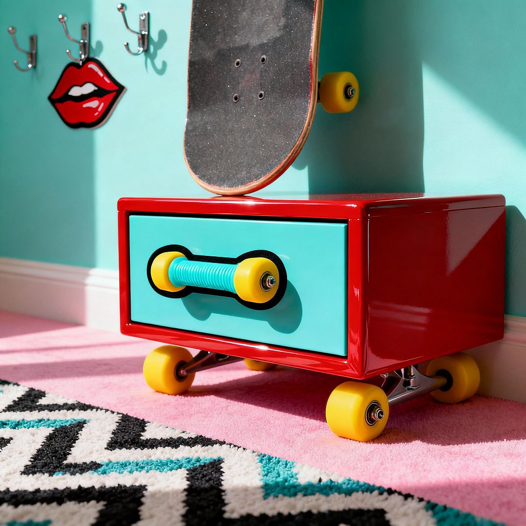 A kids’ room corner features a glossy red nightstand styled like a skateboard, with metal trucks and bright yellow wheels. Its turquoise drawer front has a ribbed aqua handle framed in black, echoing wheel shapes. A mint-aqua wall with white baseboard holds chrome hooks and a pop-art red lips plaque. A real skateboard with yellow wheels rests above the unit. Sunlight hits a pink carpet and a black-and-white chevron rug with a teal stripe, casting crisp shadows.