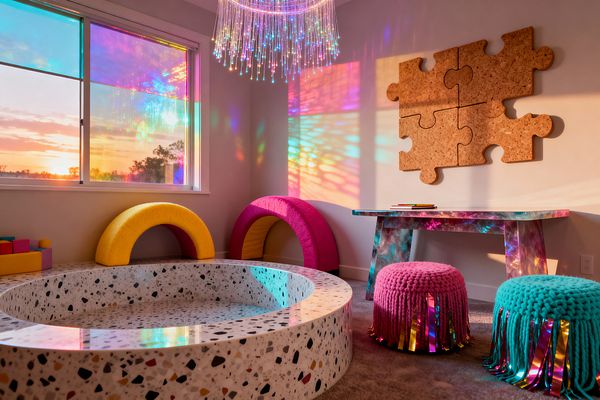 A kids’ room with a circular sunken play pit clad in white terrazzo with multicolored chips, flanked by soft arched climbers in yellow and magenta. A fiber‑optic chandelier and rainbow-tinted window film cast prismatic light across pale walls. An iridescent resin desk sits below cork puzzle-piece wall art, paired with chunky knit poufs in hot pink and turquoise with shiny fringe. The floor is soft gray carpet with sunset light streaming through the window.