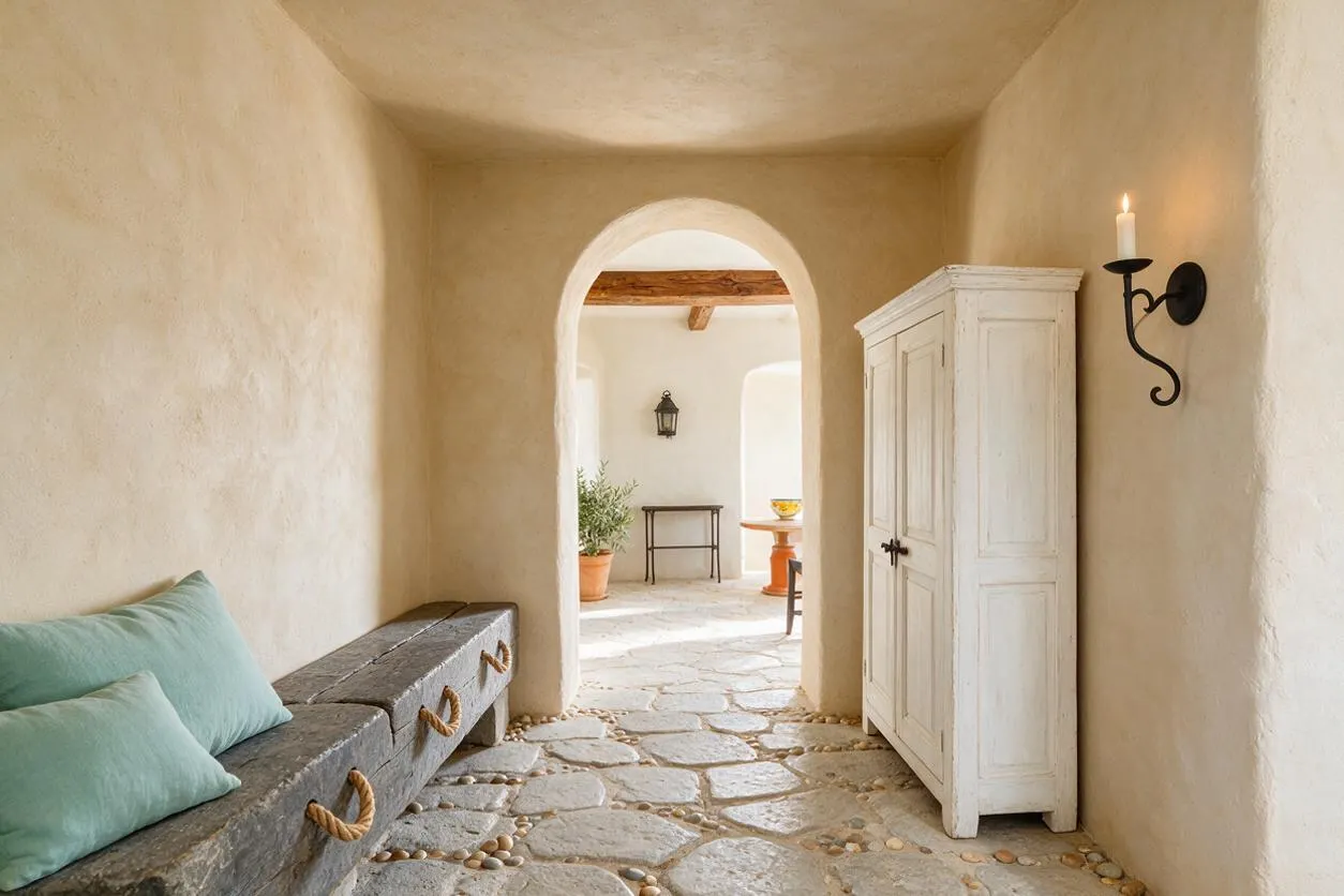 A Mediterranean-style entryway with textured beige plaster walls, a stone floor set with pebble accents, and a rounded arch opening into a brighter adjoining room. A white distressed cabinet stands on the right beside a black wall sconce with a lit candle, while a long stone bench with pale blue cushions sits on the left.