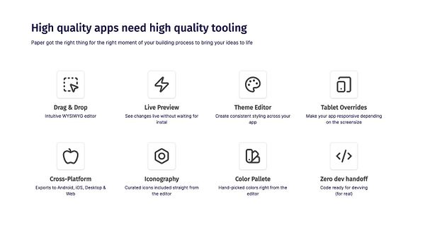 The image presents a feature set for a tool aimed at app development.