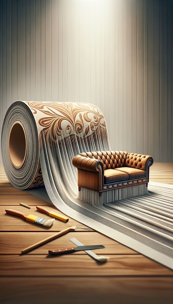 Fabric roll lying on a table with the pattern running horizontally across, labeled as railroaded, next to a large piece of furniture being upholstered with the fabric.