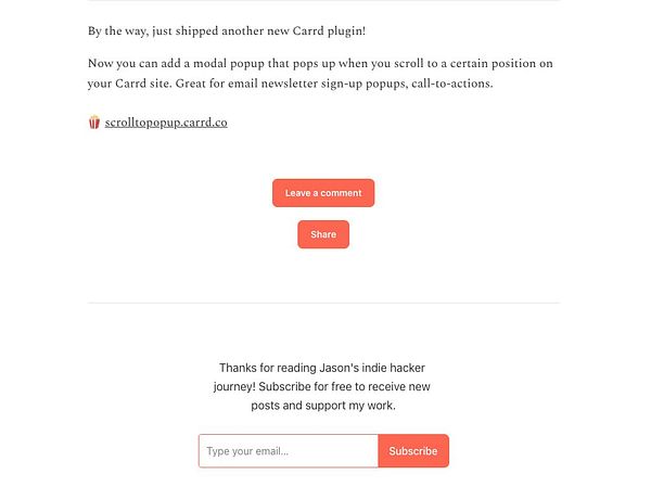 The image displays a newsletter post promoting a new Carrd plugin for scroll-to-popup functionality.