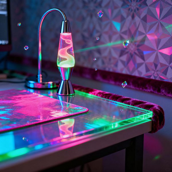 Close-up of a home office desk corner with an edge-lit acrylic top glowing neon pink, cyan, and green. A chrome lava lamp with pink and lime wax sits beside a flexible gooseneck task light, reflecting on a glossy pink desk mat. Faceted crystal prisms are suspended near a 3D geometric wallpaper in lavender-gray, while plush magenta velvet trim runs along the wall edge. Black metal legs and RGB reflections create a vibrant, psychedelic workspace mood.