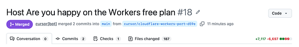 GitHub pull request for migrating 'Are you happy' app to Cloudflare Workers free plan shows merge status and commit details.