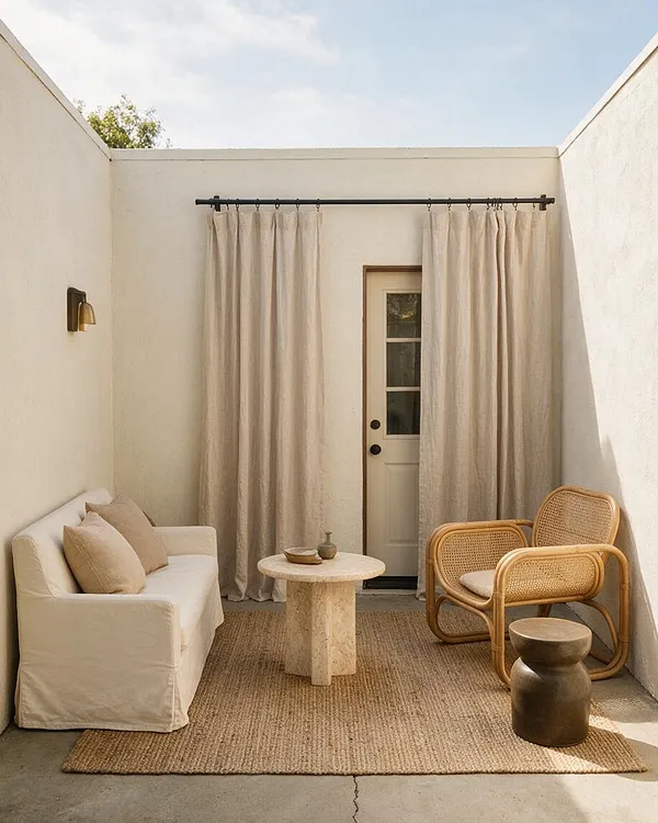A small enclosed patio with cream stucco walls, a white slipcovered sofa, two woven rattan lounge chairs, and a round travertine-like pedestal table. Linen curtains frame a door at the back, and a natural jute rug grounds the space in soft neutral tones.
