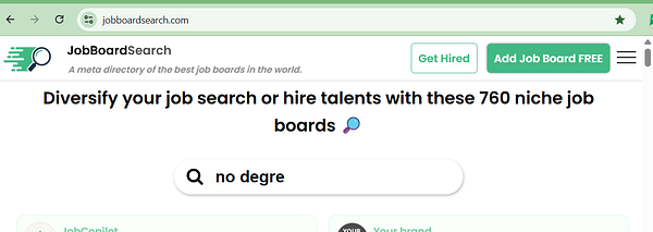 Screenshot of a job search website interface showing job listings and filters.