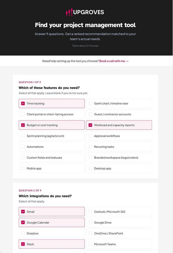 Screenshot of the Upgroves Project Management Tool Recommendation Form with filter settings and recommendations.