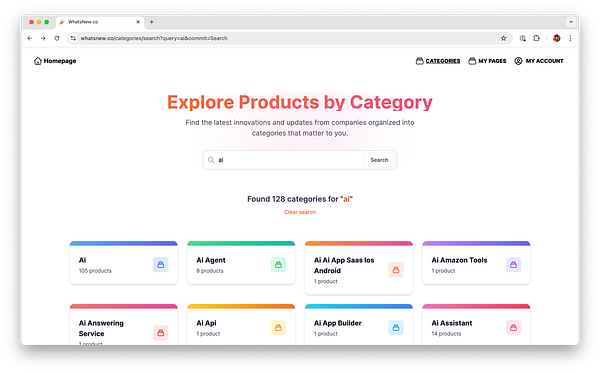 The image displays a webpage for exploring products categorized by AI-related topics.