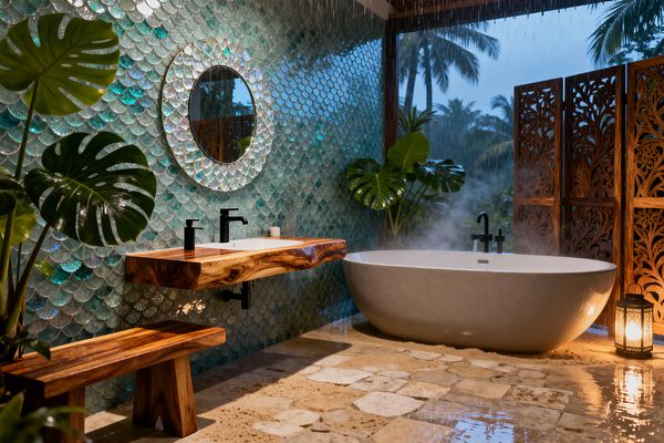Open-air tropical bathroom with an iridescent aqua fish-scale tile wall and a round mirror with a pearlescent rim. A live-edge wooden vanity with a white sink and matte black faucet stands beside a freestanding oval stone tub releasing steam beneath a ceiling rain shower. Carved wooden screen, lantern light, and large monstera leaves frame the scene above cream stone pavers, with palm trees visible outside at dusk.