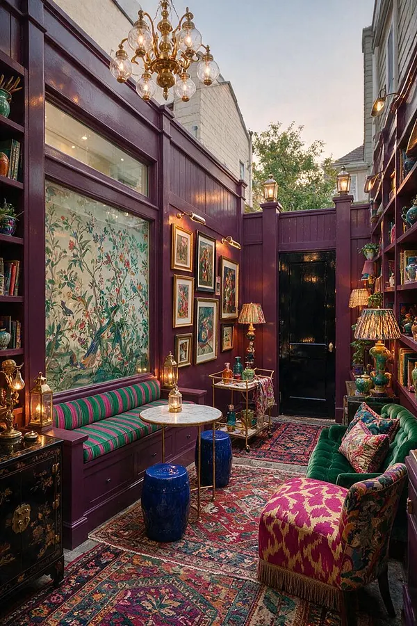 A narrow backyard designed like an outdoor lounge with deep plum-painted walls, built-in shelving filled with colorful decor, and layered Persian-style rugs. A brass chandelier hangs overhead, while vintage-inspired seating, framed art, and glowing lamps create a richly decorated maximalist atmosphere.