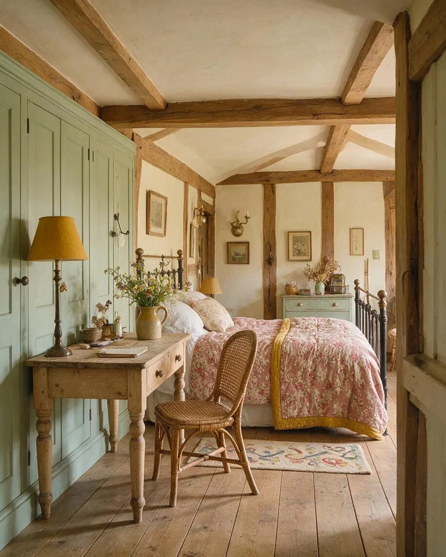 A cozy cottagecore bedroom with exposed wooden beams, pale green built-in wardrobes, and a distressed wooden desk along one wall. The bed is dressed in pink floral bedding with a mustard trim, paired with a wicker chair, antique-style lamps, framed artwork, and natural wood floors, creating a warm and romantic atmosphere.