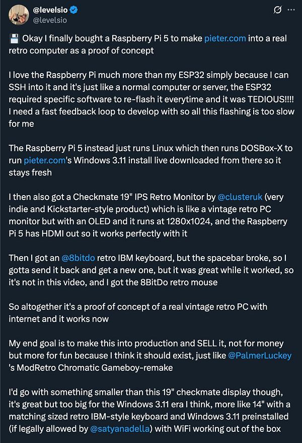 A Twitter post detailing the setup of a retro computer proof of concept using a Raspberry Pi 5, along with various peripherals.