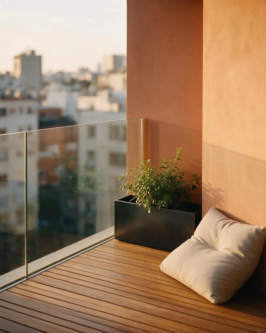 A modern balcony with warm wood decking, a clear glass railing, and peach-toned walls. A black planter with greenery and a beige floor cushion create a calm, minimalist seating area overlooking a softly blurred city skyline.