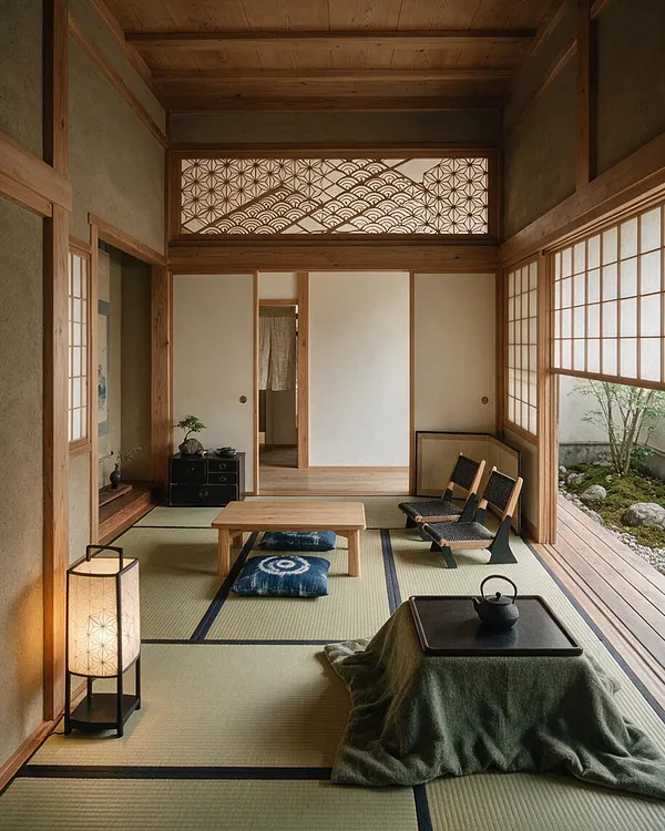 A serene Japanese Zen guest bedroom with tatami mat flooring, sliding shoji screens, and warm wood framing throughout. The room includes a low wooden table, floor cushions, a lantern-style light, and a tea set on a draped floor tray, with a small garden visible through the open side.