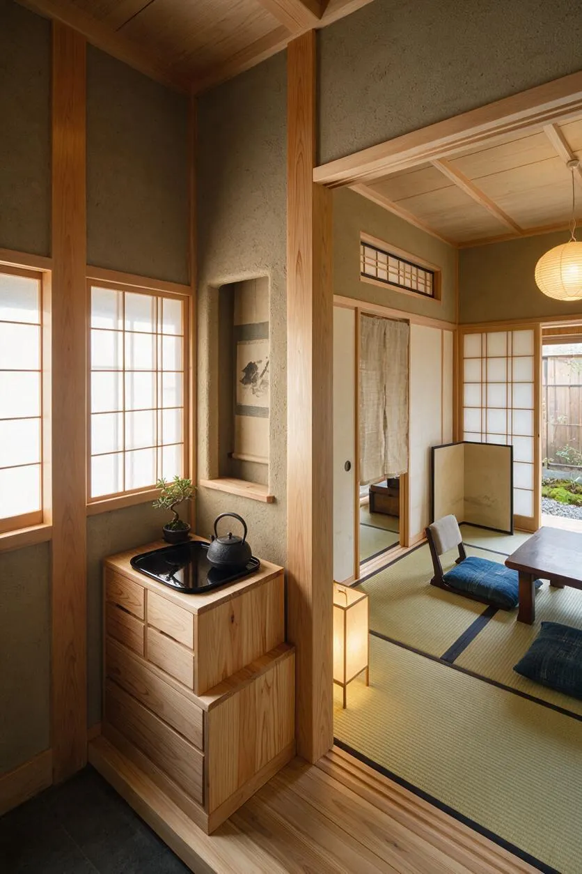 A Japanese Zen style entryway with exposed wood posts, shoji screens, and textured earth-tone walls. A compact wooden wash basin cabinet with a black tray and kettle sits beside a narrow alcove, while a softly lit tatami room with floor cushions, low table, and paper lantern opens to a calm garden view.