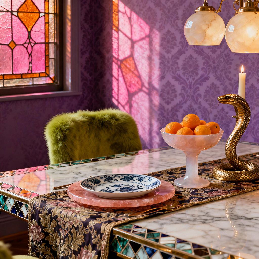 A maximalist dining scene centers on a white marble table framed by gold and jewel‑tone mosaic tiles, topped with a dark floral brocade runner, a pink stone charger with a blue‑and‑white plate, a pale pink pedestal bowl filled with oranges, and a brass snake candlestick holding a lit white taper. Purple damask wallpaper and a stained‑glass window cast pink and amber reflections across the room, while a chartreuse faux‑fur chair and two alabaster globe pendants complete the opulent setting.