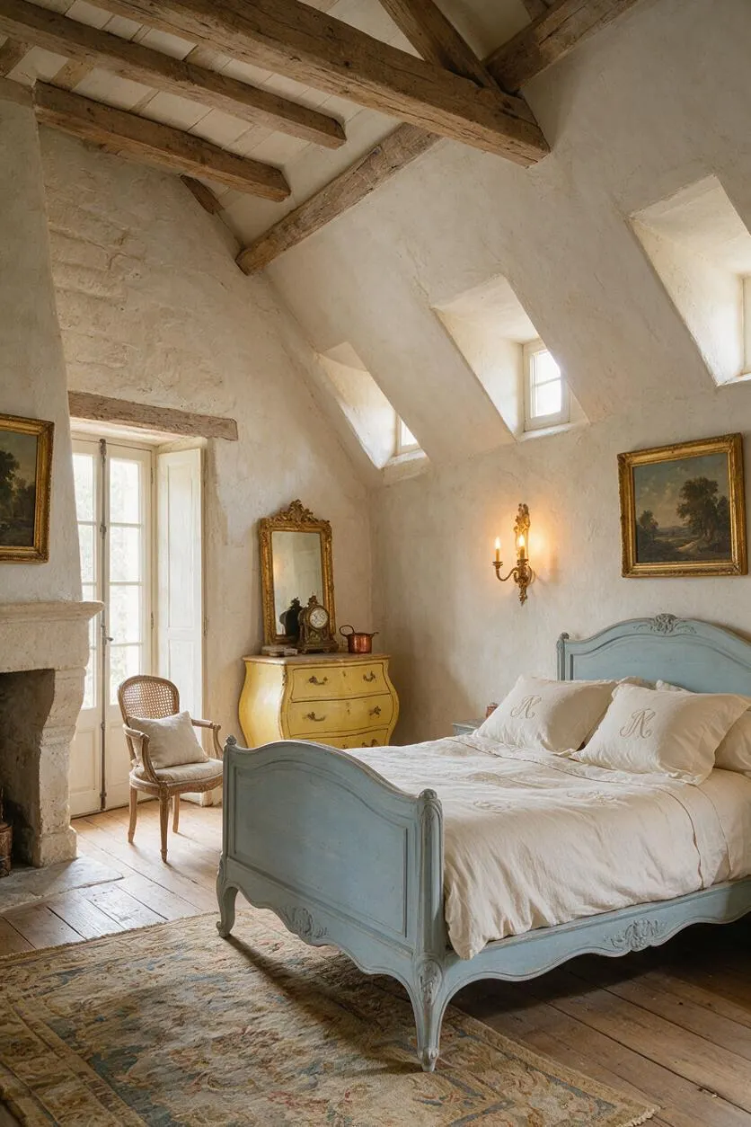 A cozy French Country master bedroom with exposed wooden beams, sloped plaster walls, and small dormer windows. A pale blue carved bed with cream bedding sits on a vintage patterned rug, paired with a yellow dresser, wicker chair, framed art, and a glowing wall sconce.