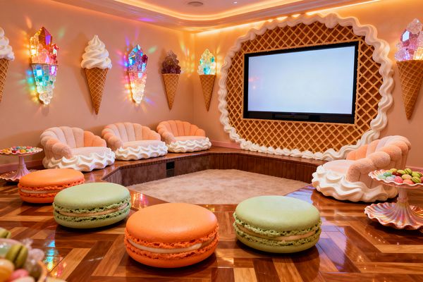 A whimsical media room styled like a candy shop features a large TV set into a waffle-cone surround edged with piped whipped-cream trim. Peach-pink walls hold ice-cream-cone sconces that sparkle with multicolored crystals. Curved sherbet-toned lounge chairs with scalloped cream bases sit on a raised carpeted platform, facing macaron-shaped pouf ottomans. A glossy chevron parquet floor and warm cove lighting create a cozy glow, with shell pedestal tables holding pastel sweets.