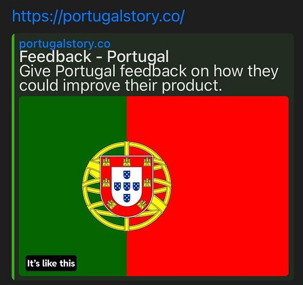 The image features the flag of Portugal alongside a feedback request.