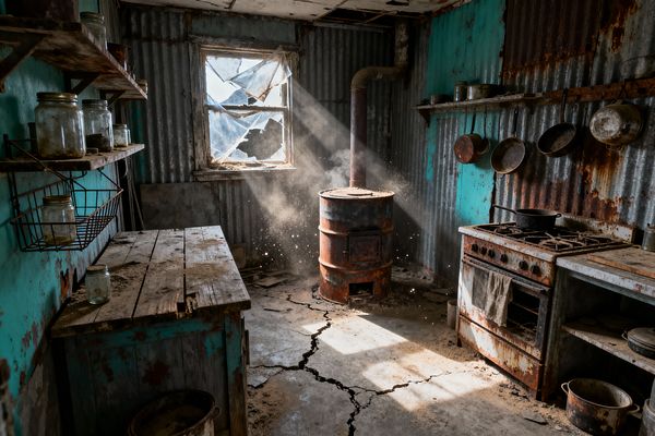 A derelict kitchen features corrugated metal walls painted in faded turquoise and streaked with rust. A rusty barrel stove stands in the center beneath a vent pipe as sunlight pours through a broken window, highlighting dust above a cracked concrete floor. To the right is a corroded range with a pot and a rail of worn pans, while the left side holds open shelves with glass jars and a rough wooden workbench.