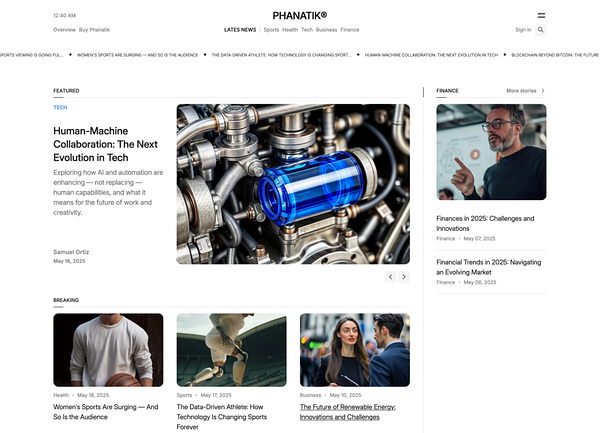 The image displays a screenshot of the Phanatik website, showcasing various articles and sections related to technology, finance, and sports.