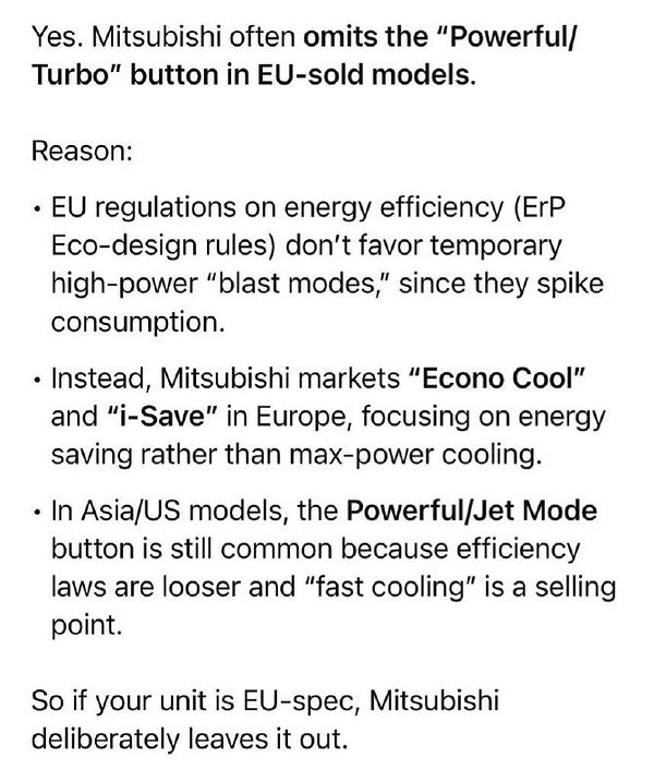 The image discusses the omission of the 'Powerful/Turbo' button in Mitsubishi air conditioning units sold in Europe due to EU regulations.