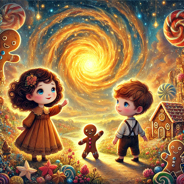 A whimsical scene featuring two children and a gingerbread character in a magical landscape.