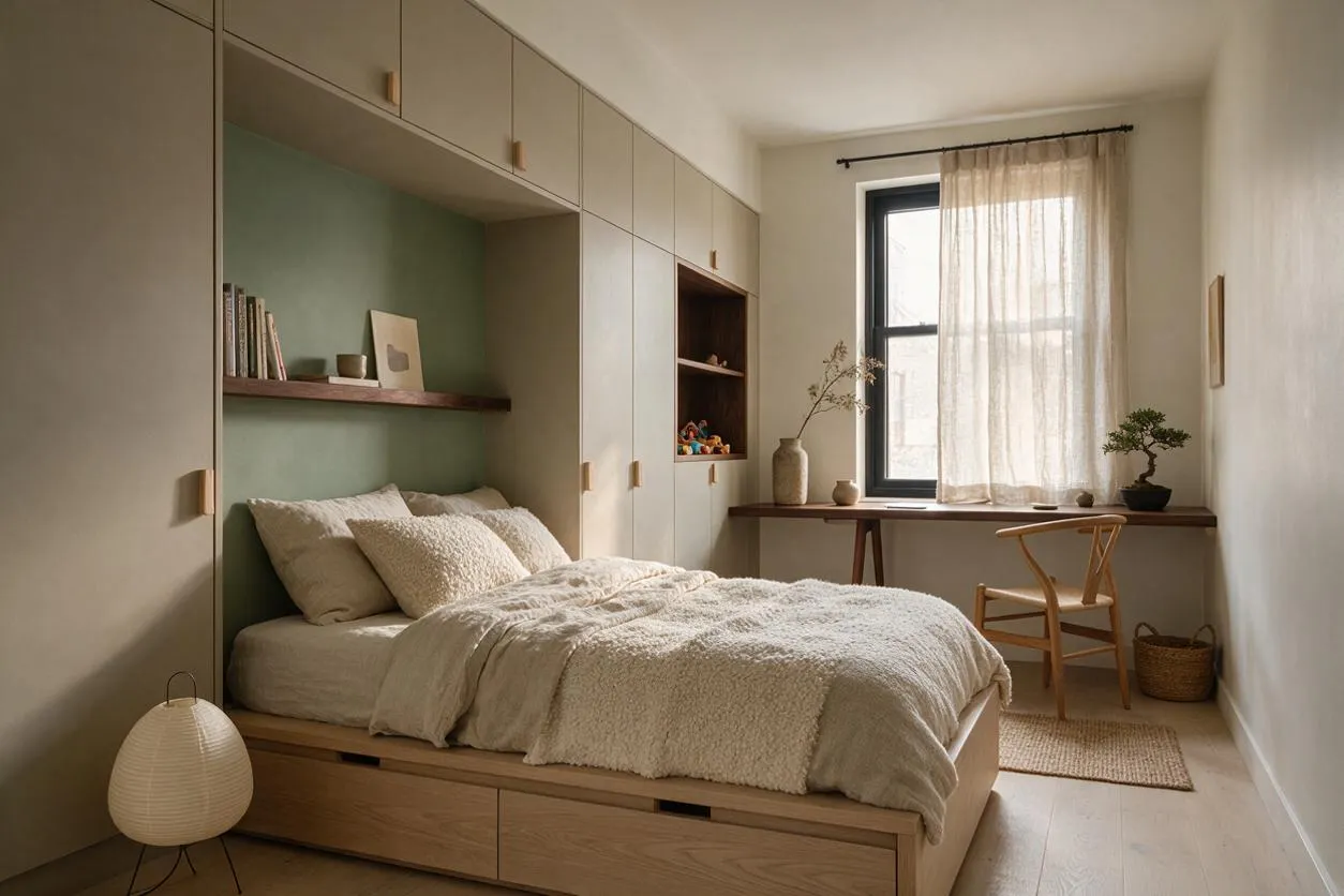 A calm kids' room in Japandi style with a low wooden bed built into wall storage, cream bedding, and a sage green alcove behind the headboard. A slim wooden desk sits by the window with sheer curtains, while natural wood accents, woven textures, and a small plant create a warm, serene atmosphere.