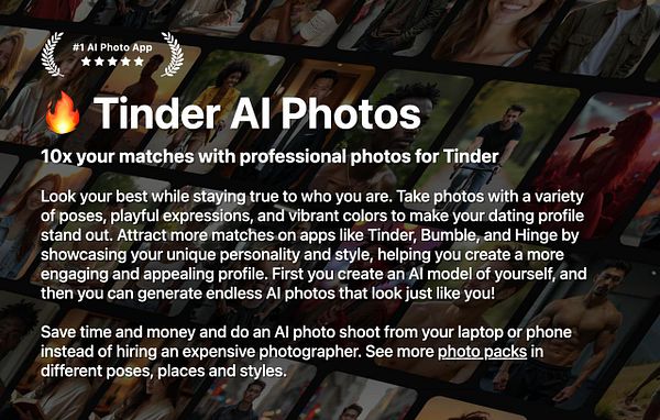The image promotes a service called 'Tinder AI Photos' designed to enhance dating profiles with professional-looking images.